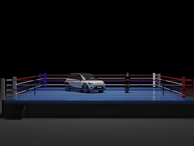 White SUV Parked on Blue Boxing Ring Platform with Person Standing 3d model