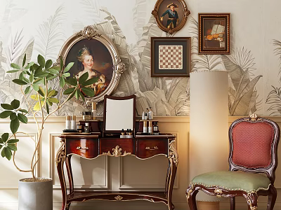 Vintage Ornate Dressing Table With Cosmetic Bottles Decorative Paintings Green Plant And Leaf Patterned Wallpaper 3d model