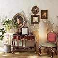 Vintage Ornate Dressing Table With Cosmetic Bottles Decorative Paintings Green Plant And Leaf Patterned Wallpaper