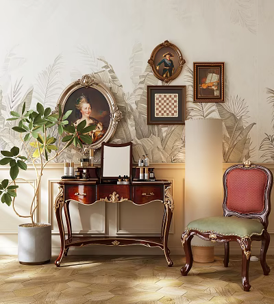 Vintage Ornate Dressing Table With Cosmetic Bottles Decorative Paintings Green Plant And Leaf Patterned Wallpaper 3d model