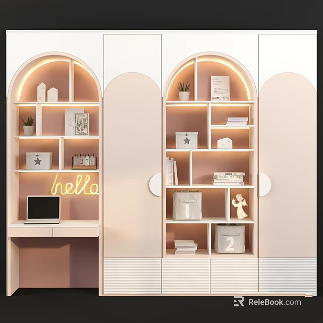 Modern Arched Wardrobe Design With Lit Shelves Storage And Decorative Items Laptop Hello Neon Sign 3d model 