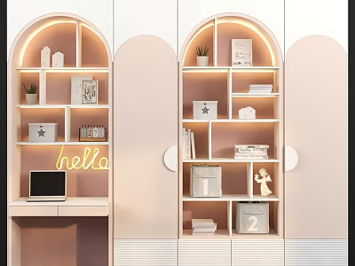 Modern Arched Wardrobe Design With Lit Shelves Storage And Decorative Items Laptop Hello Neon Sign 3d model