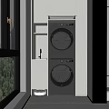 Home Balcony With Stacked Washing Machines Large Windows City View Green Trees And White Cabinets