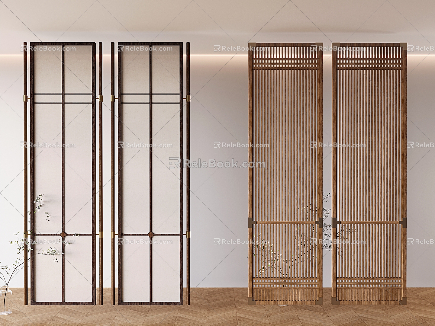 Middle-style glass partition solid wood grille porch partition 3d model