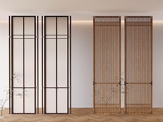 Middle-style glass partition solid wood grille porch partition 3d model