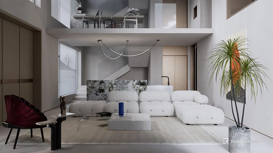 Modern Duplex Living Room With White Sofa Chandelier Staircase And Plant 3d model 