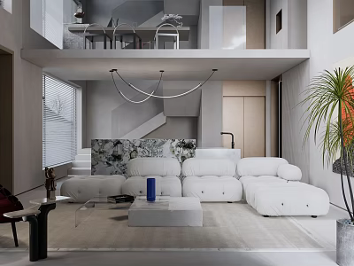 Modern Duplex Living Room With White Sofa Chandelier Staircase And Plant 3d model