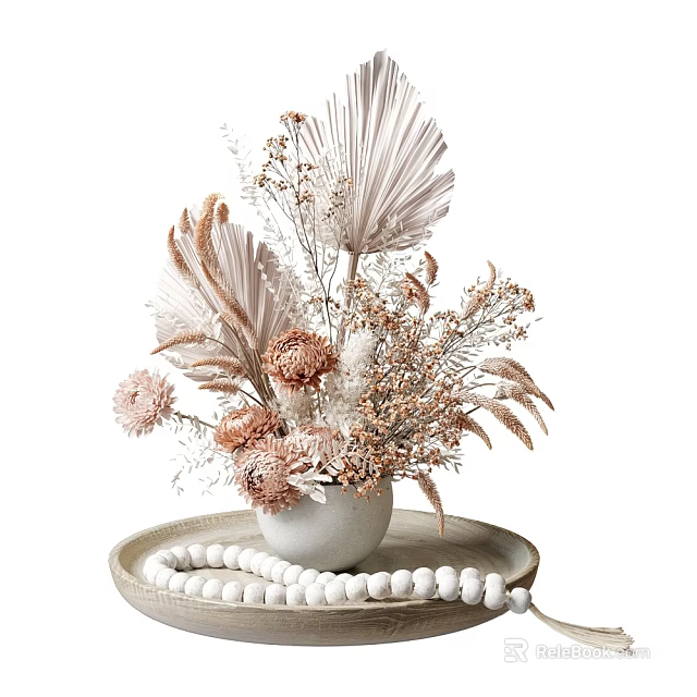 Minimalist White Ceramic Vase With Dried Pampas Grass Pink Dahlias And Beaded Garland On Tray 3d model 