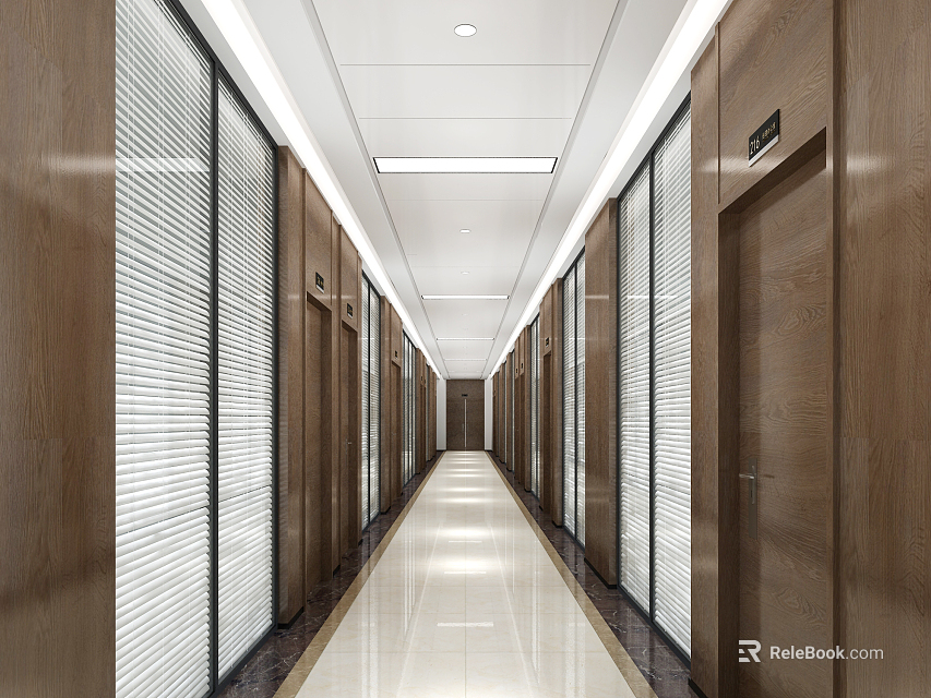 Modern Office Hallway Interior With Wooden Doors Louvered Blinds And Shiny Floor Lighting 3d model 