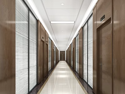 Modern Office Hallway Interior With Wooden Doors Louvered Blinds And Shiny Floor Lighting 3d model