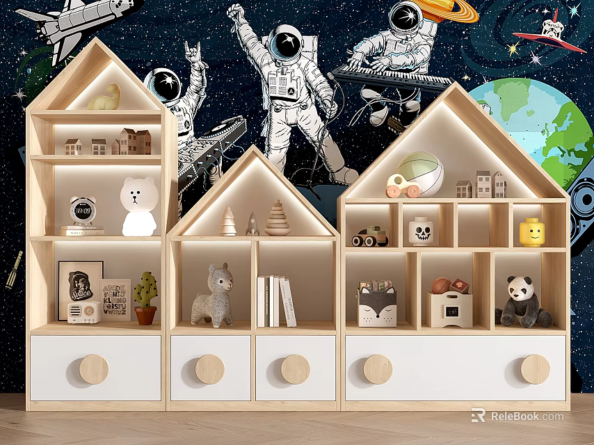House Shaped Wooden White Decorative Cabinet With Starry Space Background Drawers Toys Books Ornaments 3d model 