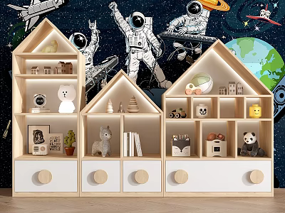 House Shaped Wooden White Decorative Cabinet With Starry Space Background Drawers Toys Books Ornaments 3d model
