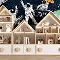 House Shaped Wooden White Decorative Cabinet With Starry Space Background Drawers Toys Books Ornaments