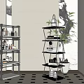 Modern Black Multi Tiered Shelving Units With Books Dishes And Potted Plant On Geometric Rug