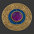 Elegant Circular Decorative Accessory With Golden Intricate Patterns Blue Center And Purple Gemstone
