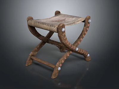 Vintage Wooden Stool With Crossed Legs Frame Leather Seat And Decorative Studs 3d model