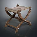 Vintage Wooden Stool With Crossed Legs Frame Leather Seat And Decorative Studs