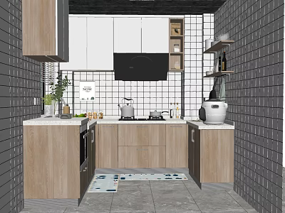 Modern Kitchen Interior With Wooden And White Cabinets Upper Lower White Countertop Appliances And Plants 3d model