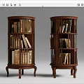 Round Wooden Bookcases With Multiple Shelves Filled With Books And Ornate Legs