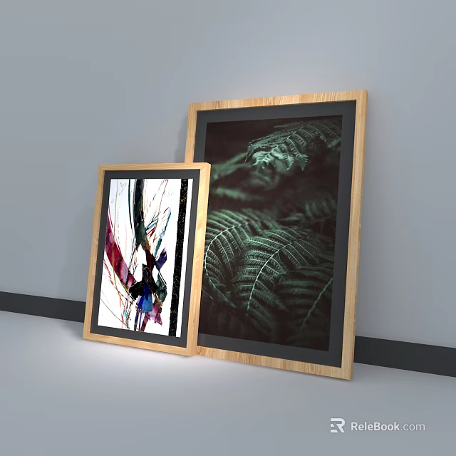 Decorative Plant Paintings In Wooden Frames With Green Fern Leaves And Colorful Artwork 3d model 