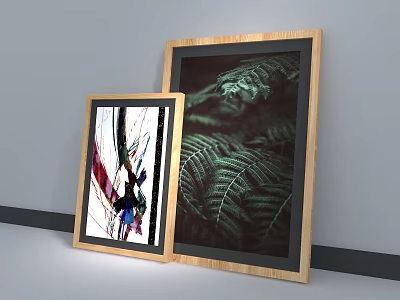 Decorative Plant Paintings In Wooden Frames With Green Fern Leaves And Colorful Artwork 3d model
