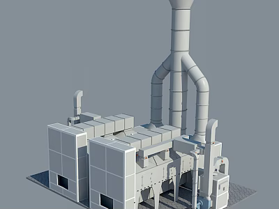 Industrial Equipment With Multiple Cabinets Connected Pipes And Tall Chimney Structure 3d model