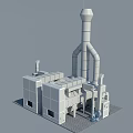 Industrial Equipment With Multiple Cabinets Connected Pipes And Tall Chimney Structure