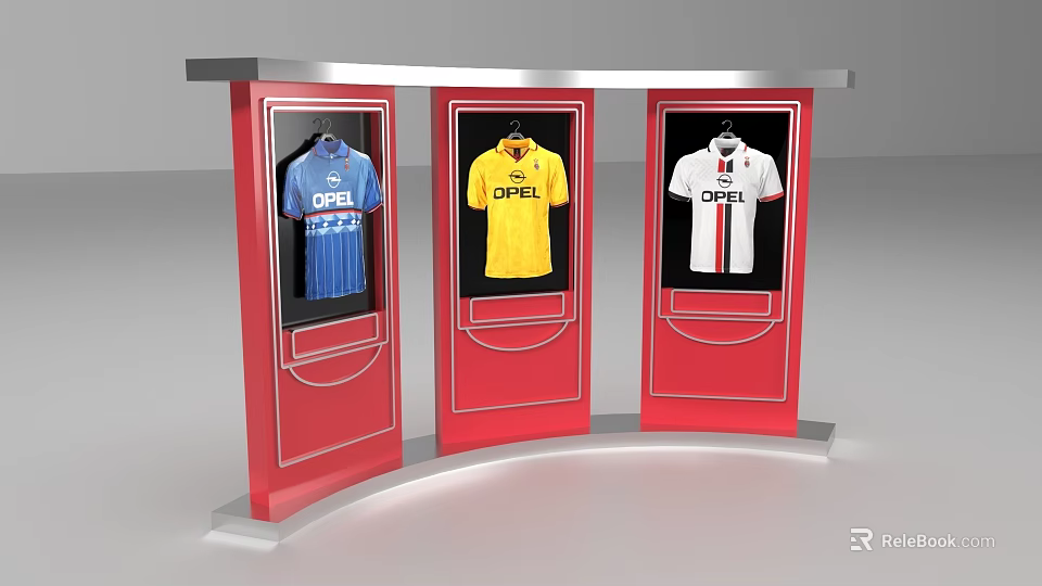 Red Display Cabinets With Three Different Colored OPTI Printed T Shirts 3d model 