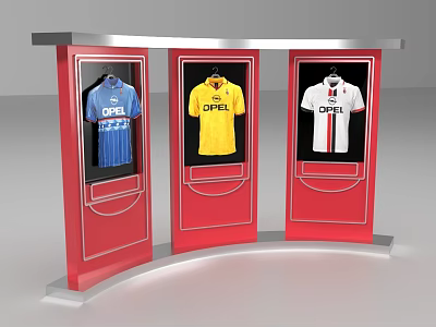 Red Display Cabinets With Three Different Colored OPTI Printed T Shirts 3d model
