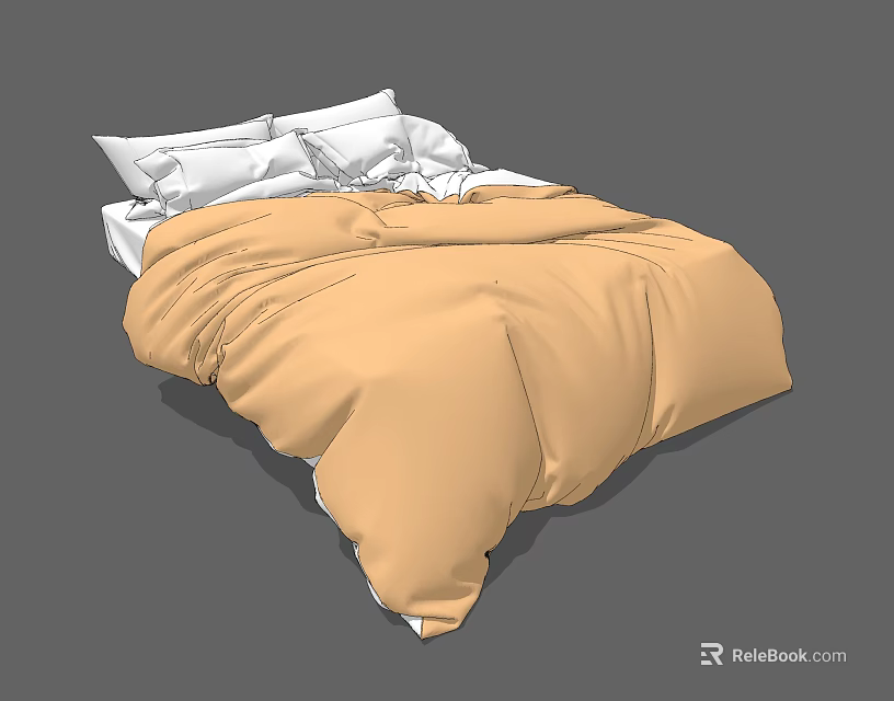 Double Bed With Beige Comforter And White Pillows In Bedroom Setup 3d model 