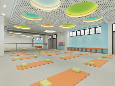 Bright Indoor Yoga Fitness Studio With Orange Mats Green Blocks And Colorful Ceiling Lights 3d model