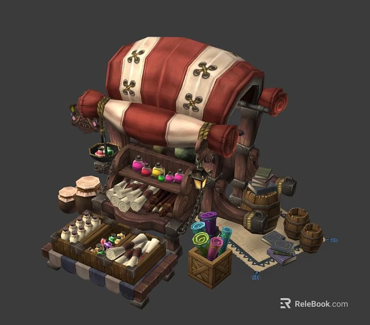 Fantasy Market Stall With Red White Canopy Displaying Goods In Wooden Crates And Bottles 3d model 