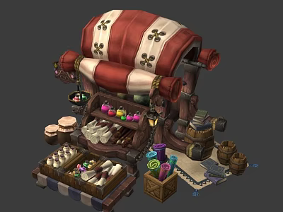 Fantasy Market Stall With Red White Canopy Displaying Goods In Wooden Crates And Bottles 3d model