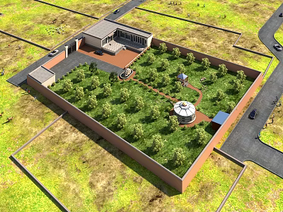 Bird's Eye View Plan of Walled Green Space with Trees Building and Circular Structure 3d model
