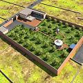 Bird's Eye View Plan of Walled Green Space with Trees Building and Circular Structure
