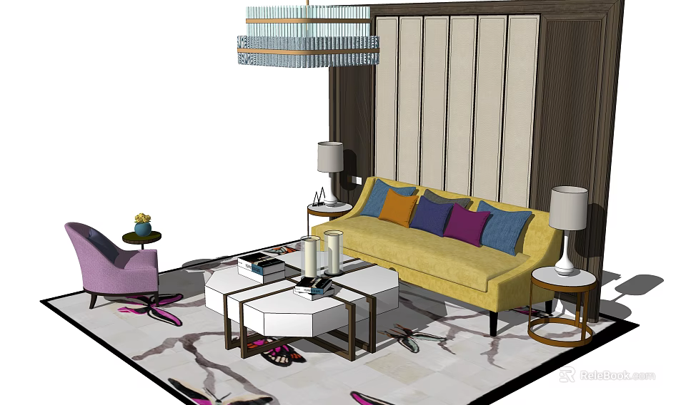 Sofa and Coffee Table Set with Yellow Upholstery Colorful Cushions White Table and Table Lamps 3d model 