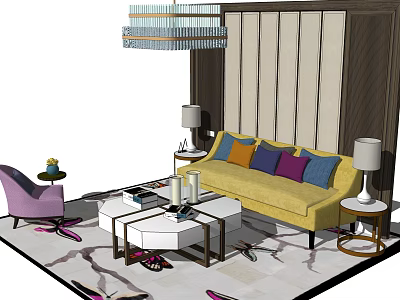 Sofa and Coffee Table Set with Yellow Upholstery Colorful Cushions White Table and Table Lamps 3d model