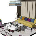 Sofa and Coffee Table Set with Yellow Upholstery Colorful Cushions White Table and Table Lamps
