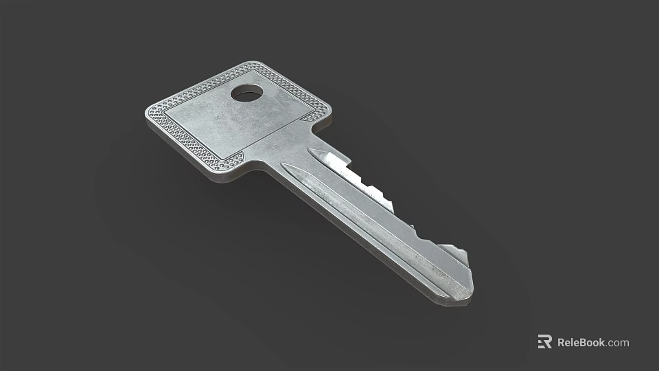 Metal Key Shaped Jewelry Accessory With Square Head Engraved Details And Notched Blade 3d model 