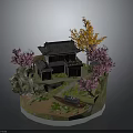 Traditional Architectural Model With Pink Trees Orange Foliage Rock And Wooden Boat