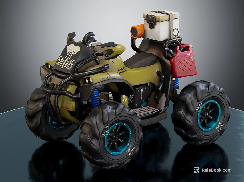 Military Green All Terrain Vehicle with Large Tires Red Fuel Can and White Storage Box 3d model 
