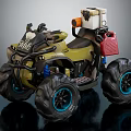 Military Green All Terrain Vehicle with Large Tires Red Fuel Can and White Storage Box