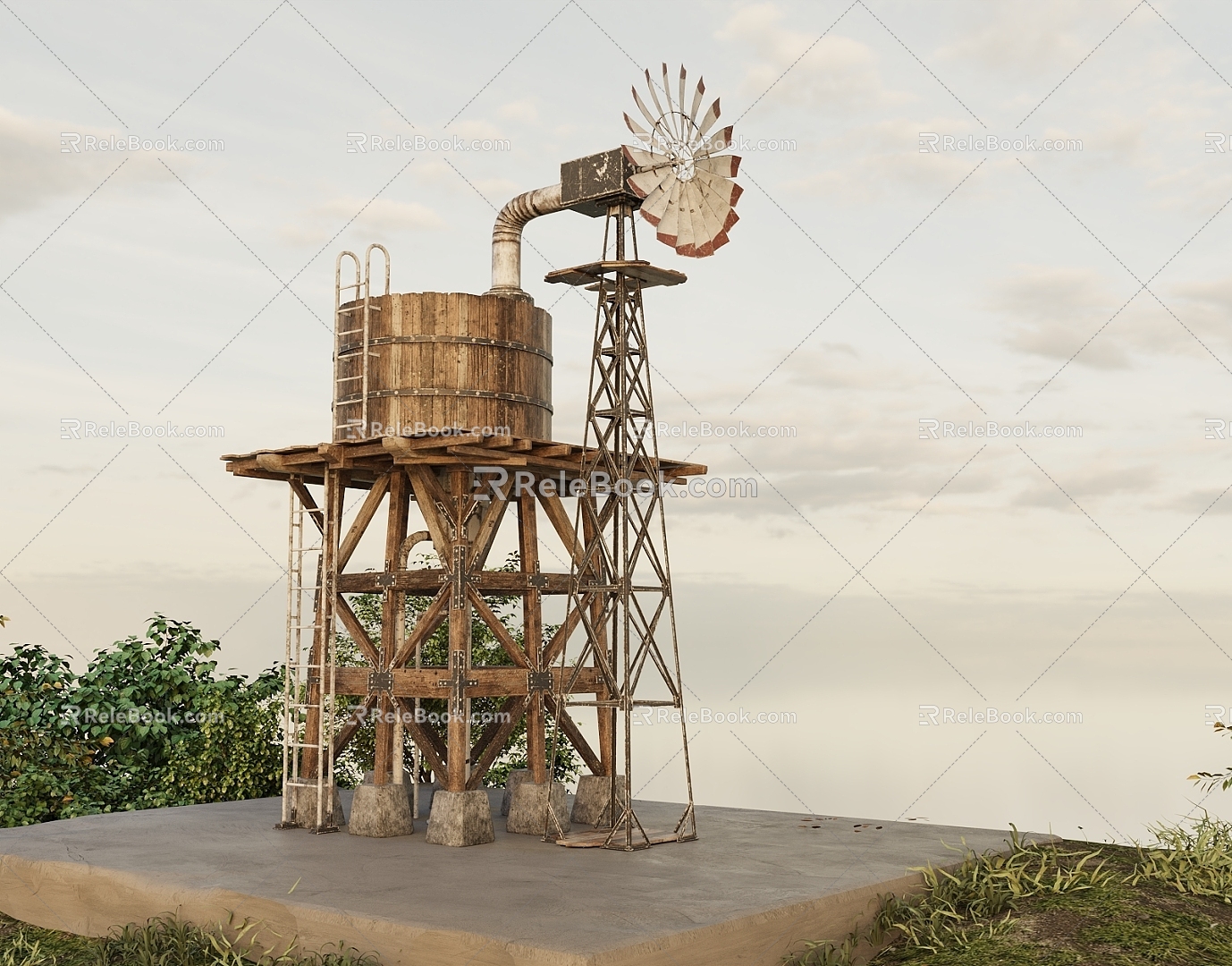 Modern water tower windmill lookout landscape sketch farmhouse farm photo device game scene 3d model