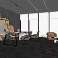 Modern Office Interior Design With Open Layout Large Windows Desk Chairs Sofa And Carpet 3d model