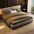Modern Double Bed Background Featuring Wooden Wall Floor to Ceiling Window Nightstand and Table Lamp