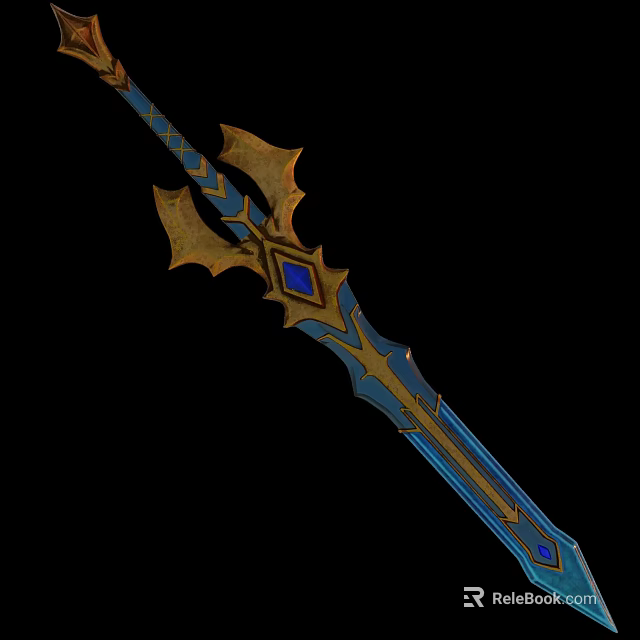 Blue And Gold Decorated Fantasy Sword With Gemstone Inlaid Hilt And Wing Like Design Elements 3d model 