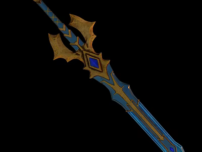 Blue And Gold Decorated Fantasy Sword With Gemstone Inlaid Hilt And Wing Like Design Elements 3d model