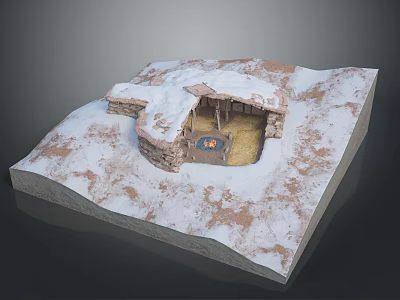 Scenic Snow Covered Landscape With Stone Structure Campfire And Brown Ground 3d model