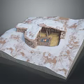 Scenic Snow Covered Landscape With Stone Structure Campfire And Brown Ground
