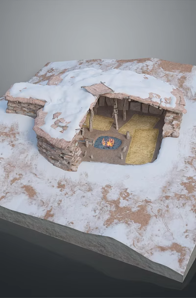 Scenic Snow Covered Landscape With Stone Structure Campfire And Brown Ground 3d model